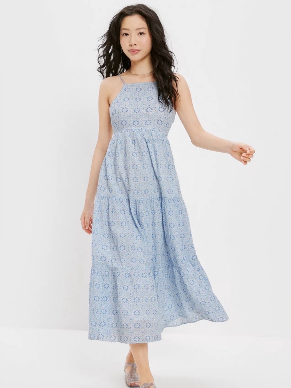 American Eagle Outfitters Light Blue Floral Halter Midi Dress